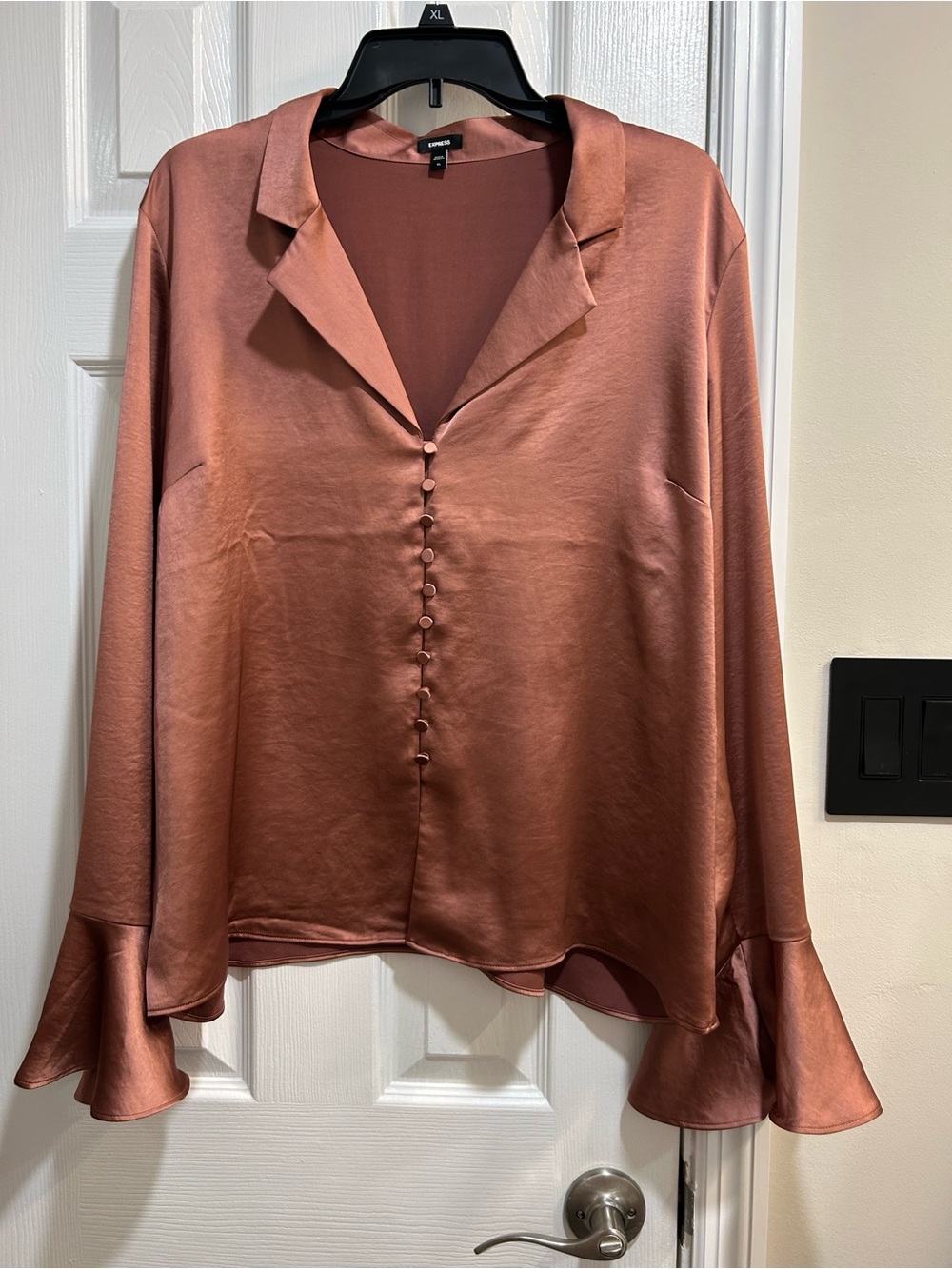 Express Satin Button-Front Blouse in Rust - Women's Top size xl